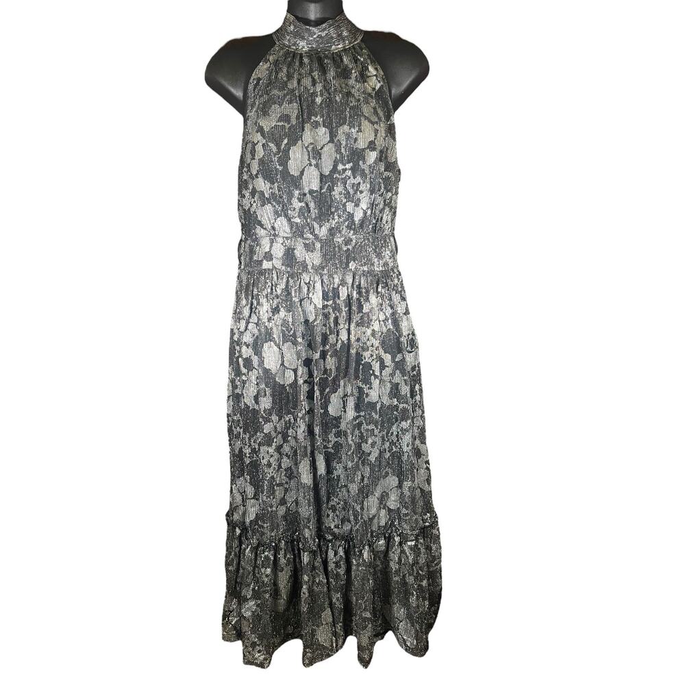 MICHAEL Michael Kors Silver And Black Floral Halter Ruffle Midi Dress
